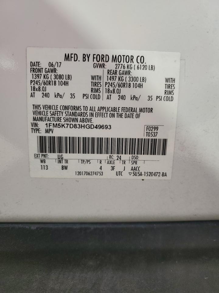 2017 Ford Explorer VIN 1FM5K7D83HGD49693 Copart auction photo, front end damage thumbnail 15