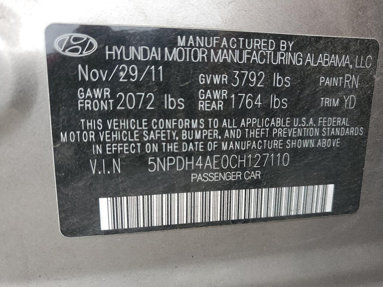 2012 Hyundai Elantra VIN 5NPDH4AE0CH127110 Copart auction photo, side damage thumbnail 12
