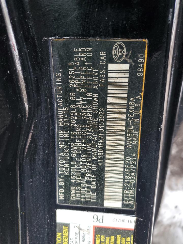 2015 Toyota Camry VIN 4T1BD1FK7FU153922 Copart auction photo, front end / side damage thumbnail 12