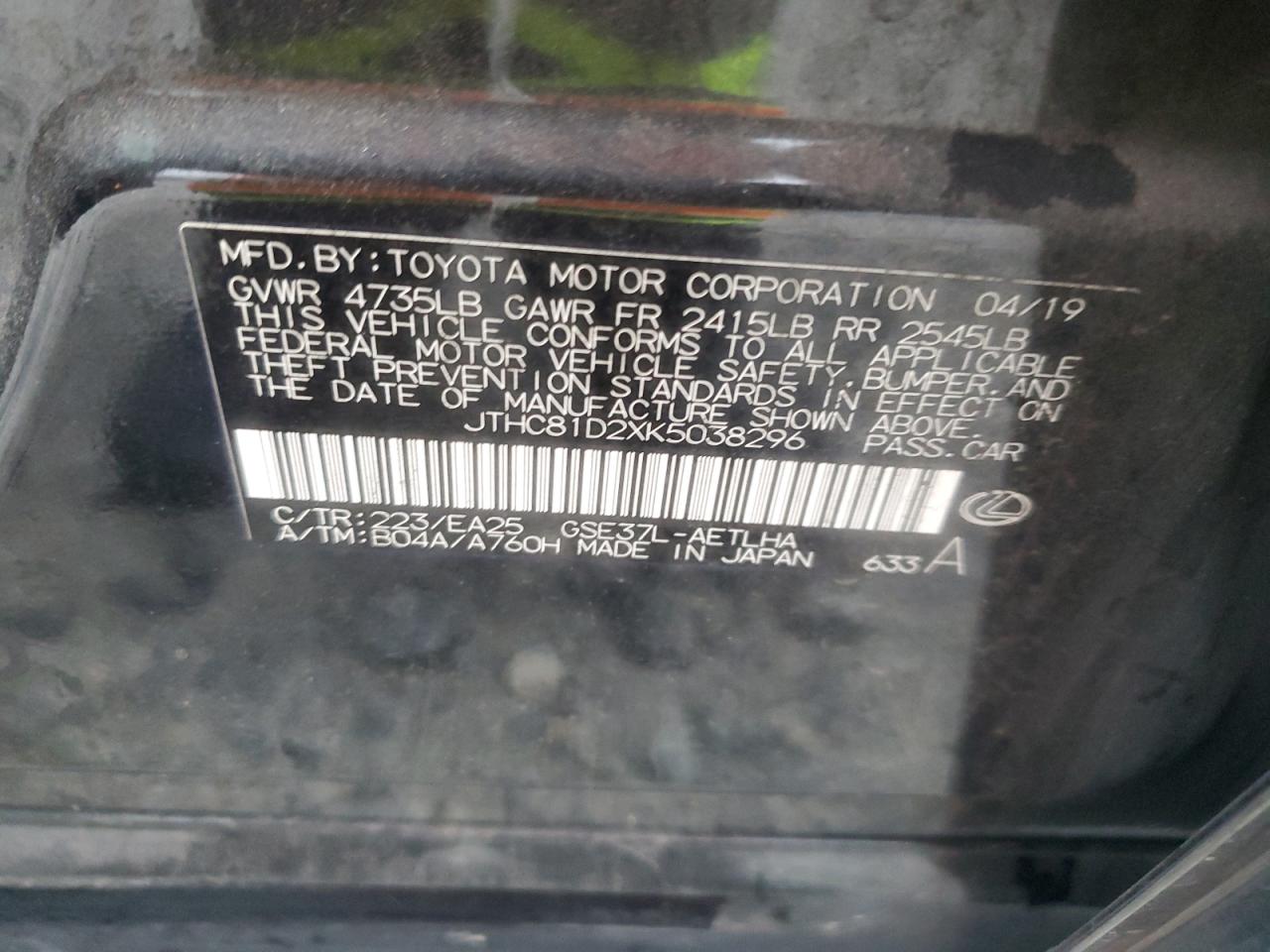 2019 Lexus IS VIN JTHC81D2XK5038296 Copart auction photo, front end damage thumbnail 12