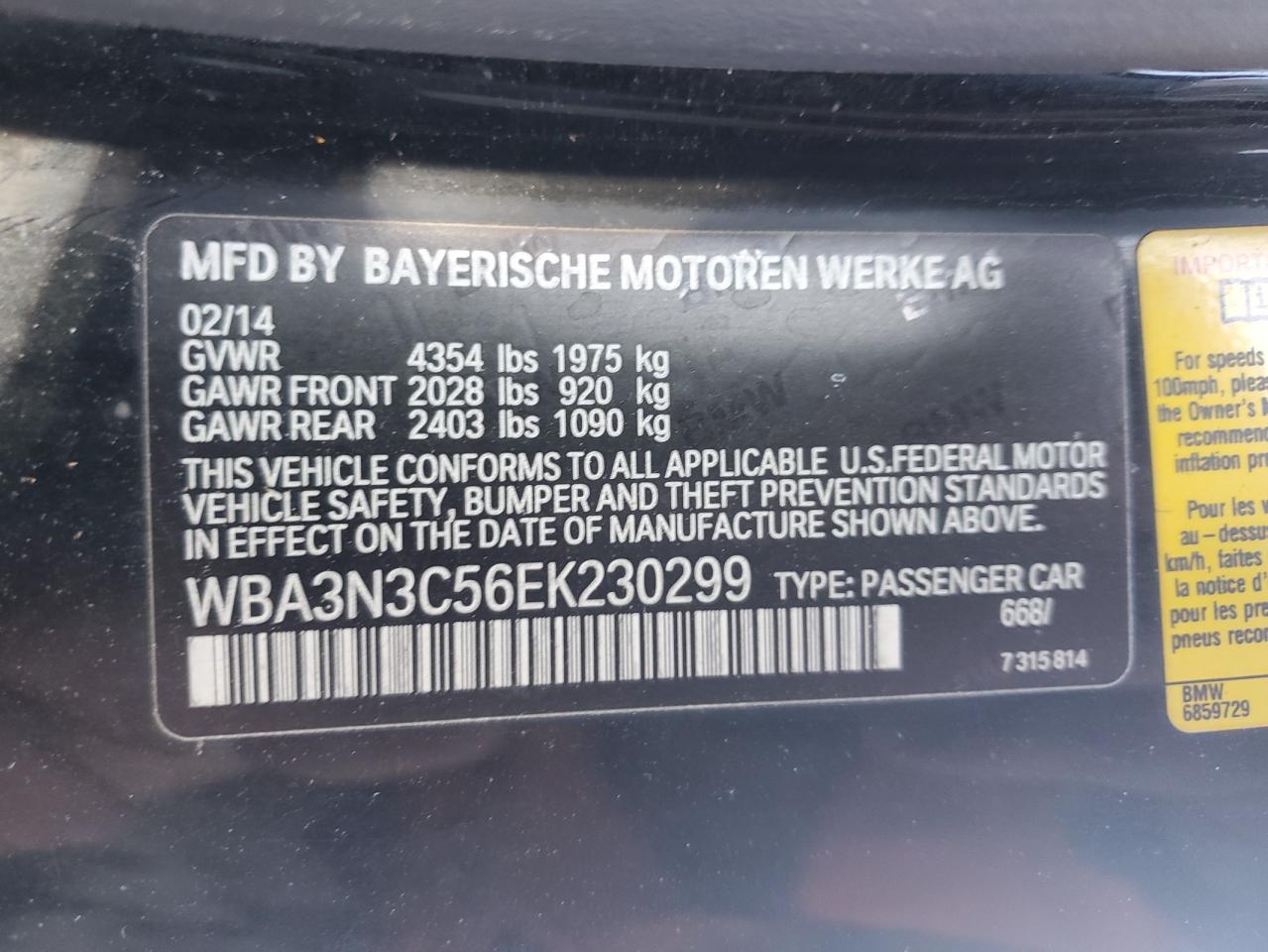 2014 BMW 4er VIN WBA3N3C56EK230299 Copart auction photo, front end / rear end damage thumbnail 12