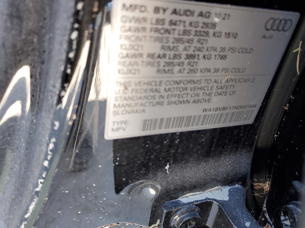 2022 Audi Q8 VIN WA1BVBF17ND007494 Copart auction photo, water/flood damage thumbnail 14