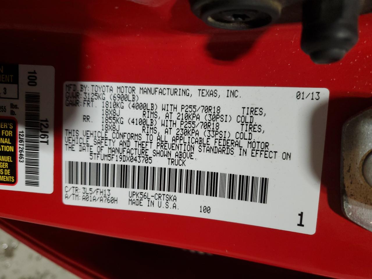 2013 Toyota Tundra VIN 5TFUM5F19DX043705 Copart auction photo, rear end / side damage thumbnail 12