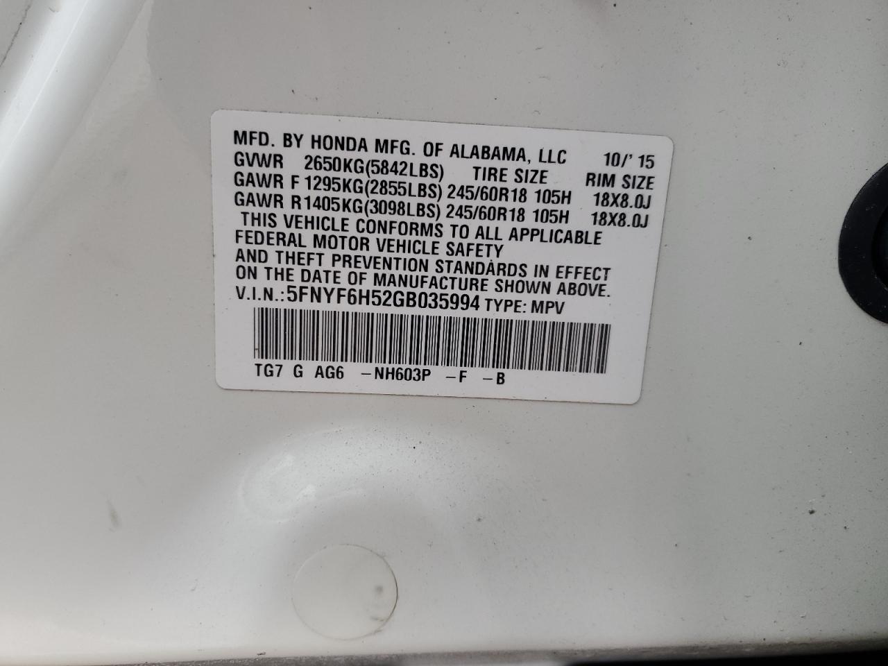 2016 Honda Pilot VIN 5FNYF6H52GB035994 Copart auction photo, side / rear end damage thumbnail 13