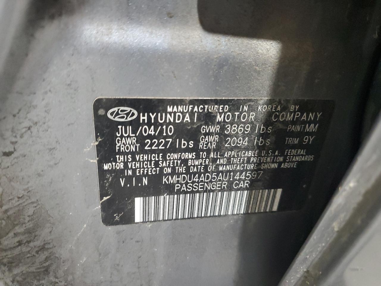2010 Hyundai Elantra VIN KMHDU4AD5AU144597 Copart auction photo, front end / minor dent/scratches damage thumbnail 12