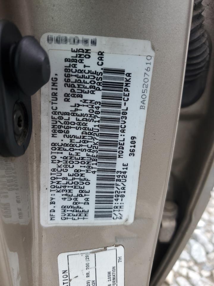 2002 Toyota Camry VIN 4T1BE32K72U117043 Copart auction photo, front end / minor dent/scratches damage thumbnail 12