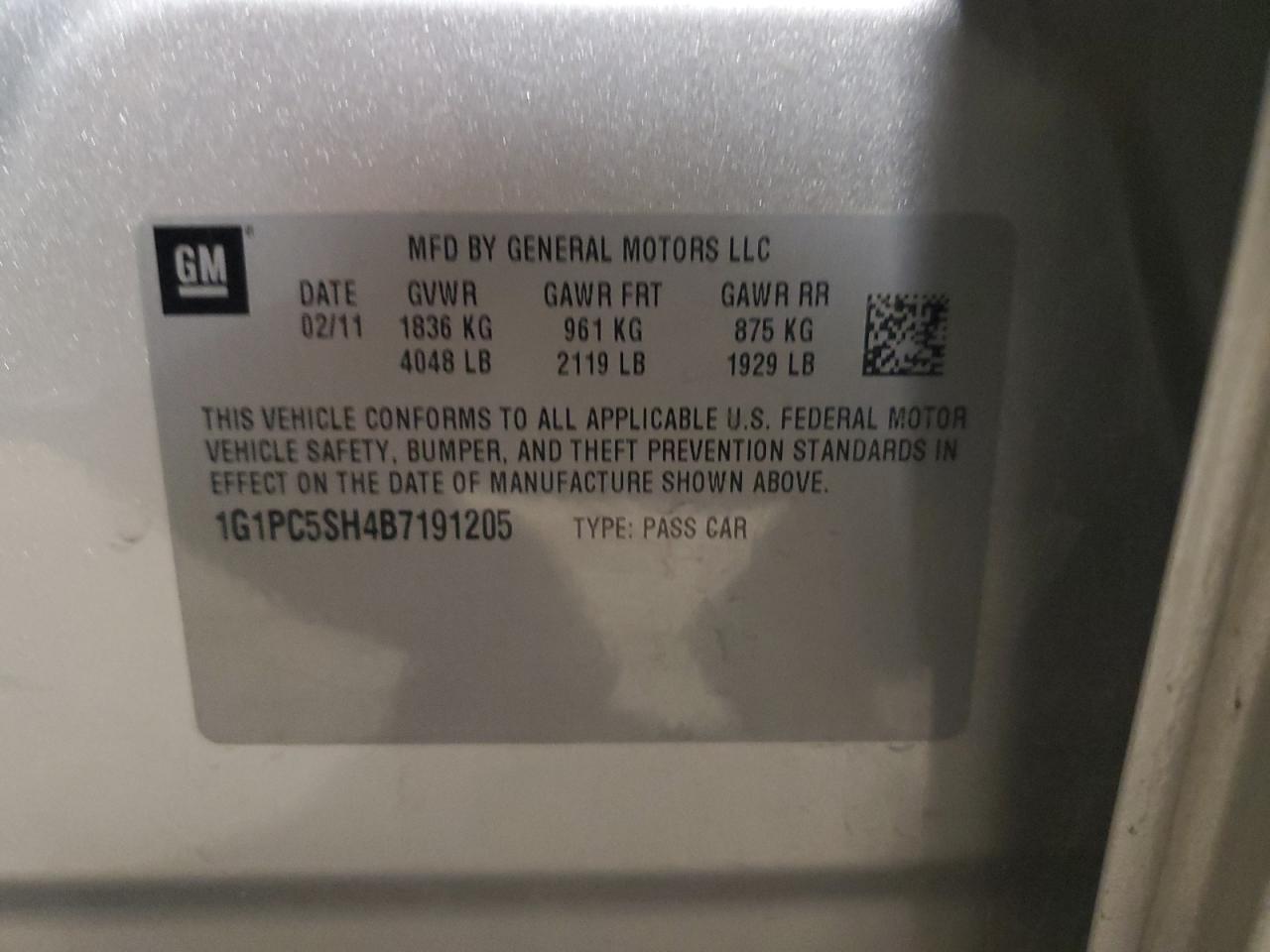 2011 Chevrolet Cruze VIN 1G1PC5SH4B7191205 Copart auction photo, all over / undercarriage damage thumbnail 12
