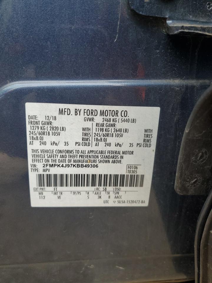 2019 Ford Edge VIN 2FMPK4J97KBB49306 Copart auction photo, rear end damage thumbnail 13