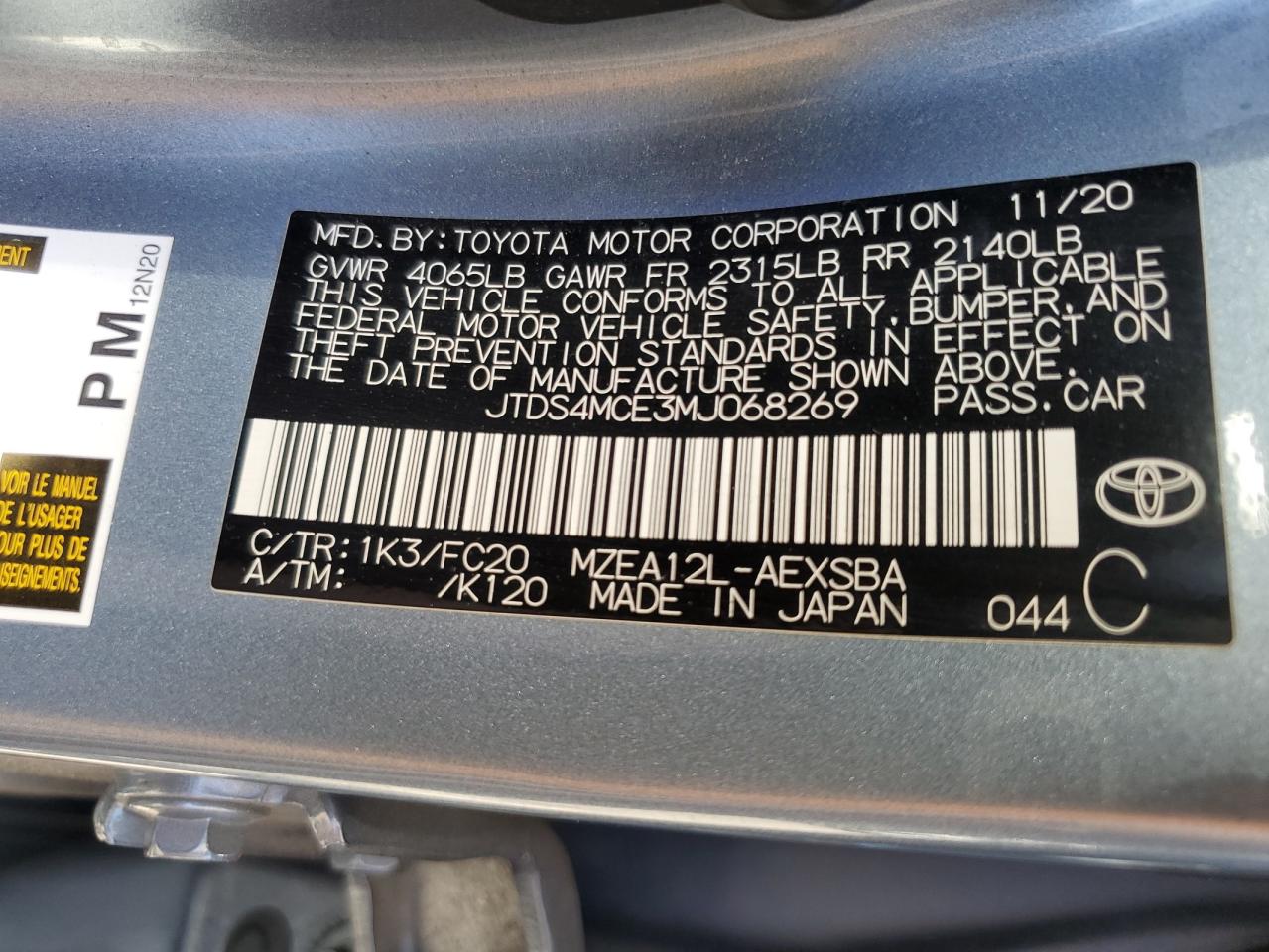 2021 Toyota Corolla VIN JTDS4MCE3MJ068269 Copart auction photo, front end damage thumbnail 13