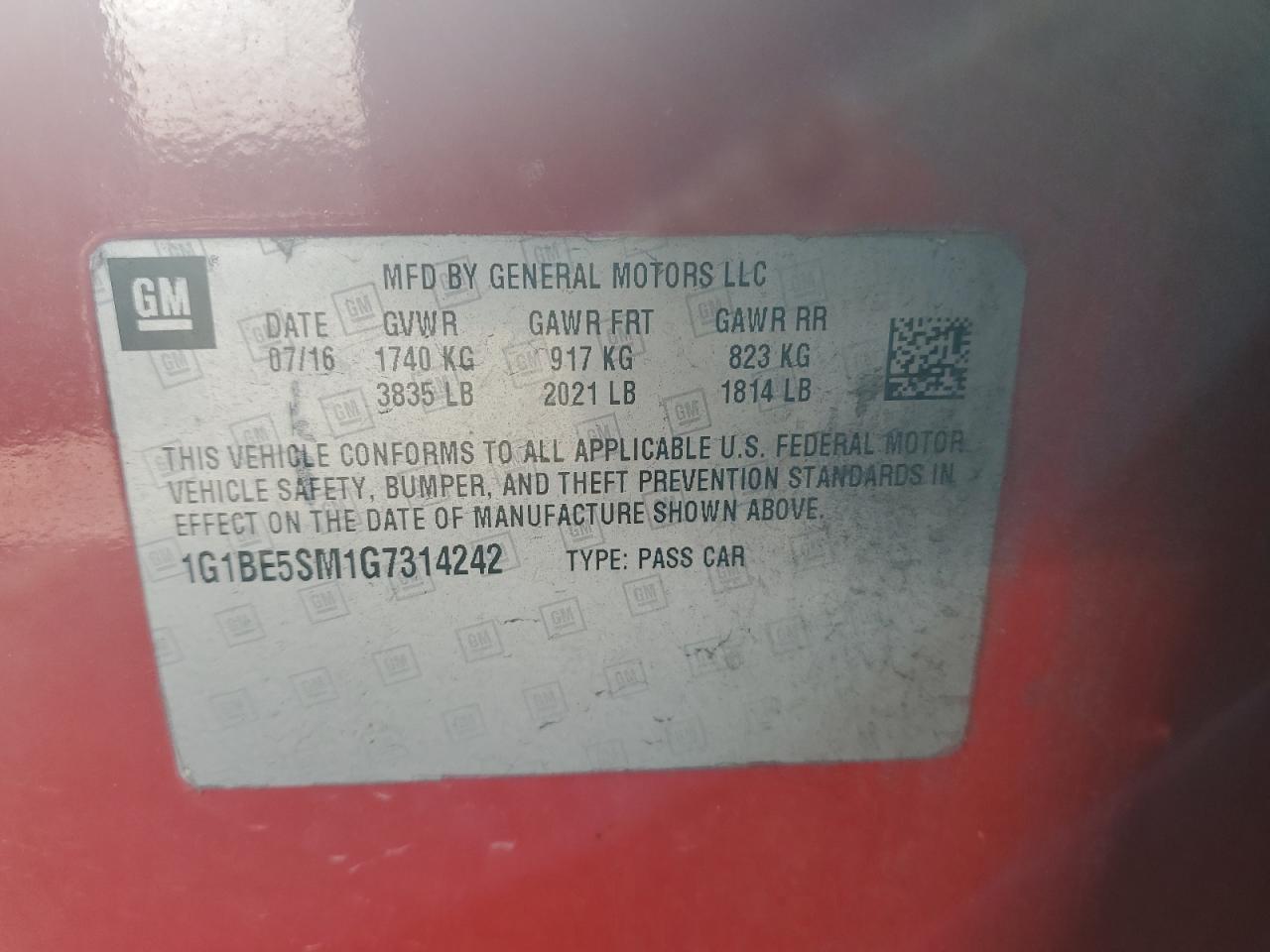 2016 Chevrolet Cruze VIN 1G1BE5SM1G7314242 Copart auction photo, front end / side damage thumbnail 12