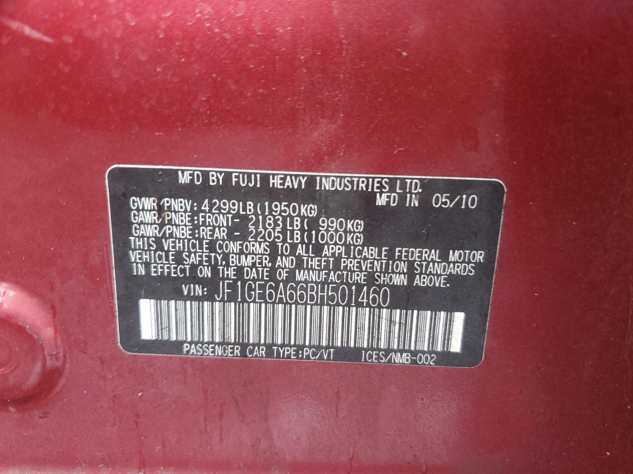 2011 Subaru Impreza VIN JF1GE6A66BH501460 Copart auction photo, front end / minor dent/scratches damage thumbnail 12