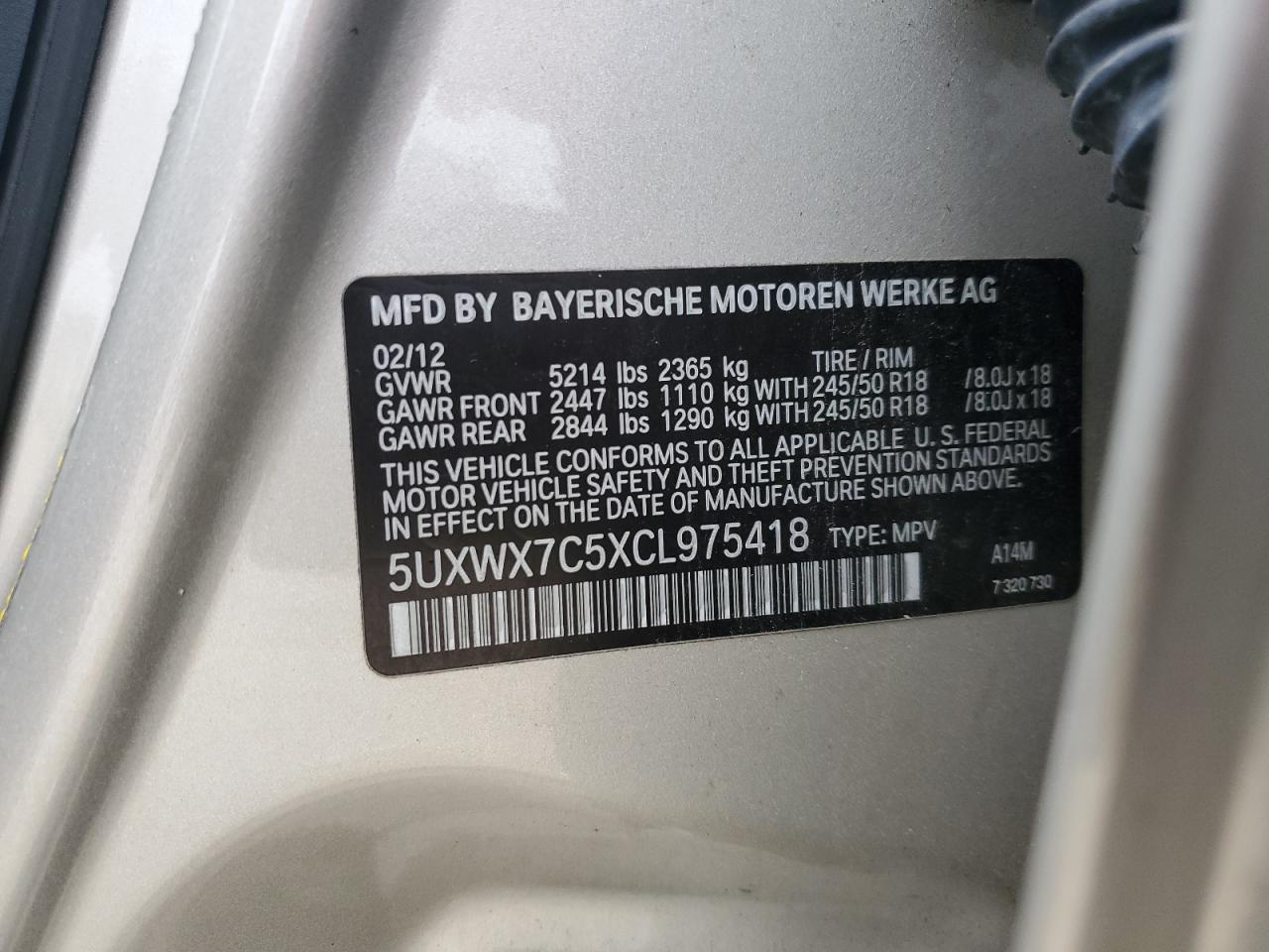2012 BMW X3 VIN 5UXWX7C5XCL975418 Copart auction photo, rear end damage thumbnail 14