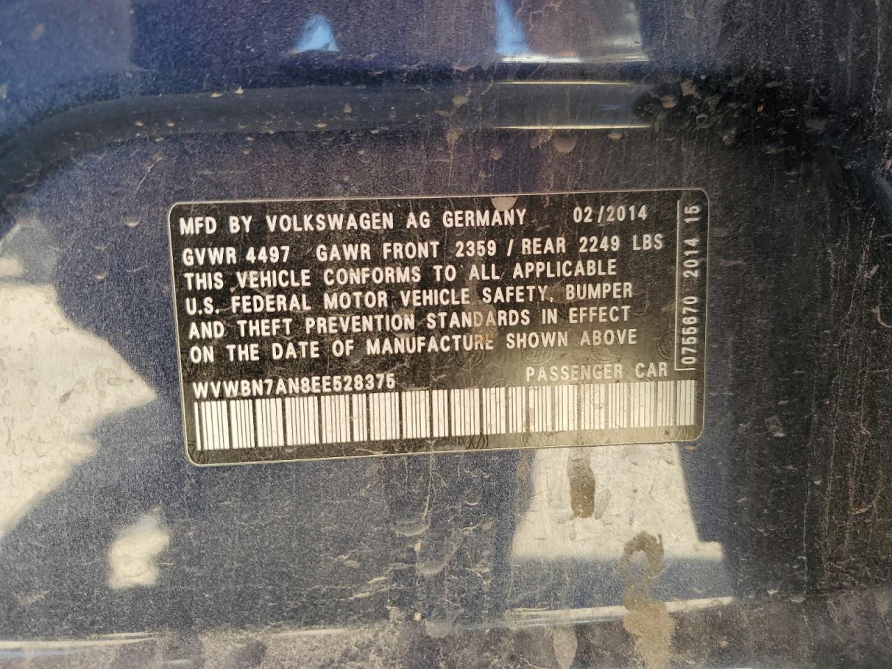 2014 Volkswagen Passat CC VIN WVWBN7AN8EE528375 Copart auction photo, rear end / front end damage thumbnail 12