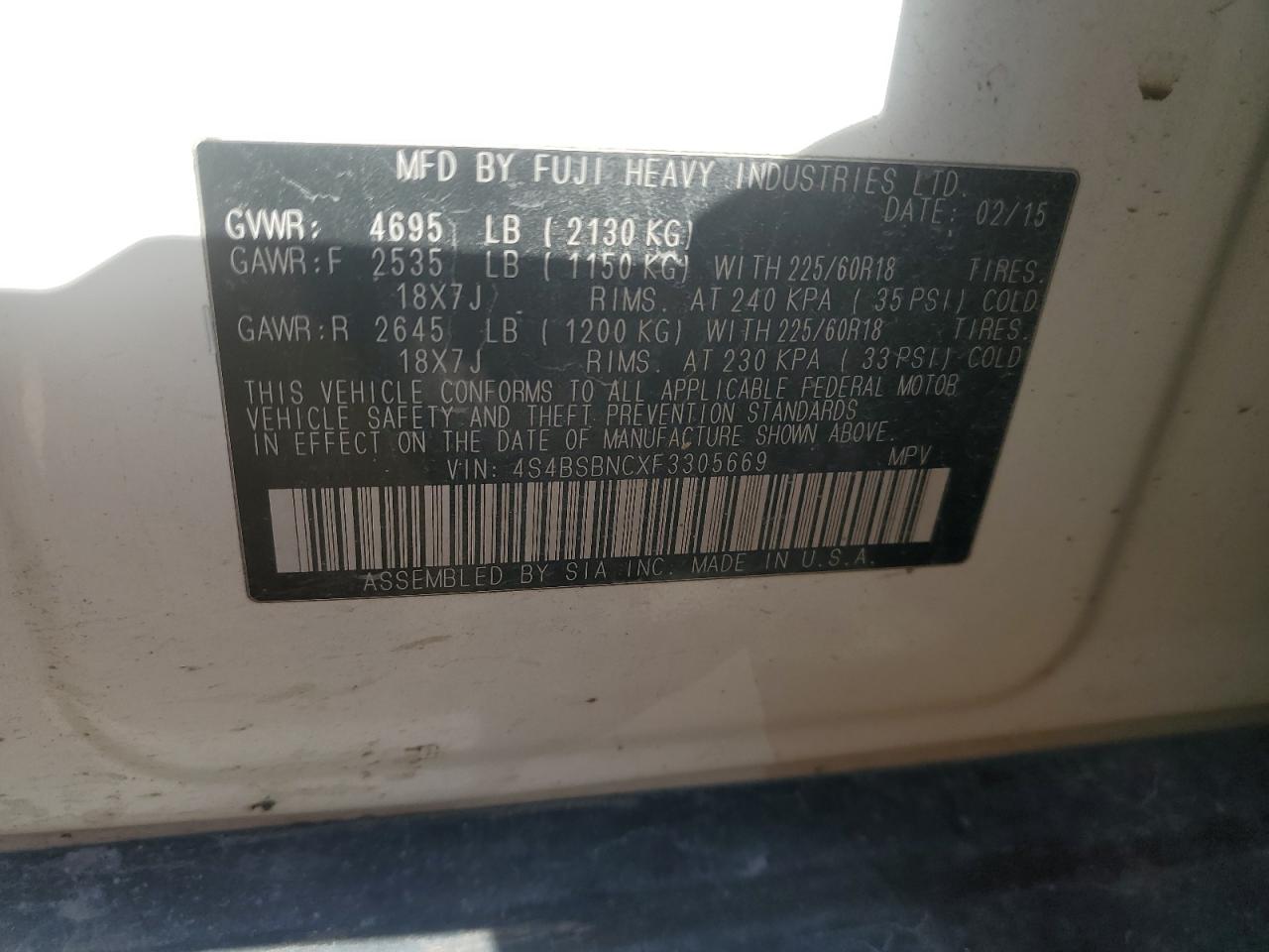 2015 Subaru Outback VIN 4S4BSBNCXF3305669 Copart auction photo, front end / rear end damage thumbnail 13