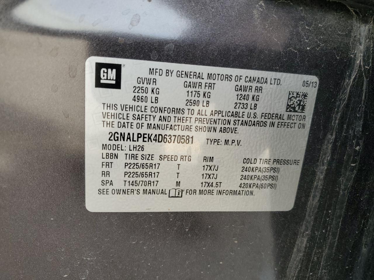 2013 Chevrolet Equinox VIN 2GNALPEK4D6370581 Copart auction photo, rear end / front end damage thumbnail 13