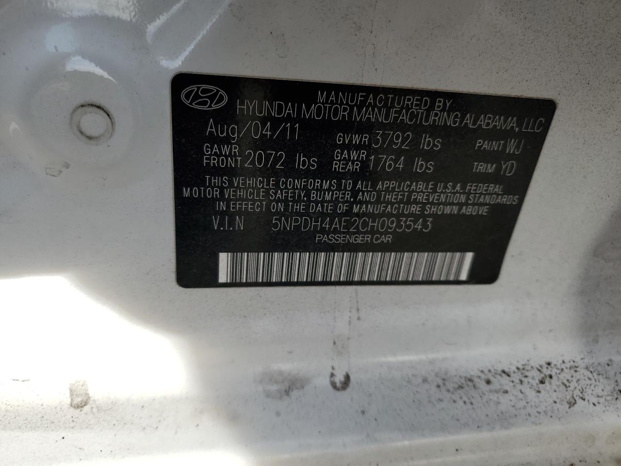 2012 Hyundai Elantra VIN 5NPDH4AE2CH093543 Copart auction photo, front end / vandalism damage thumbnail 12