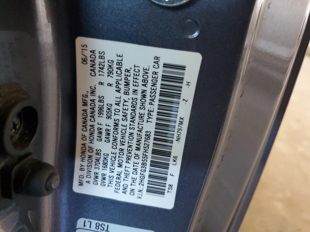 2015 Honda Civic VIN 2HGFG3B55FH527683 Copart auction photo, front end / minor dent/scratches damage thumbnail 12