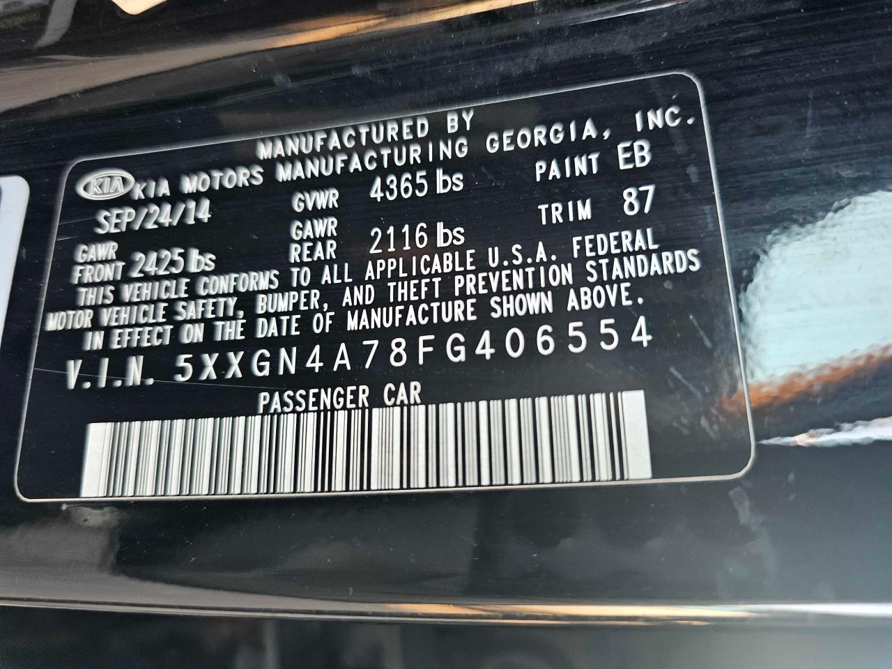 2015 KIA Optima VIN 5XXGN4A78FG406554 Copart auction photo, normal wear damage thumbnail 10