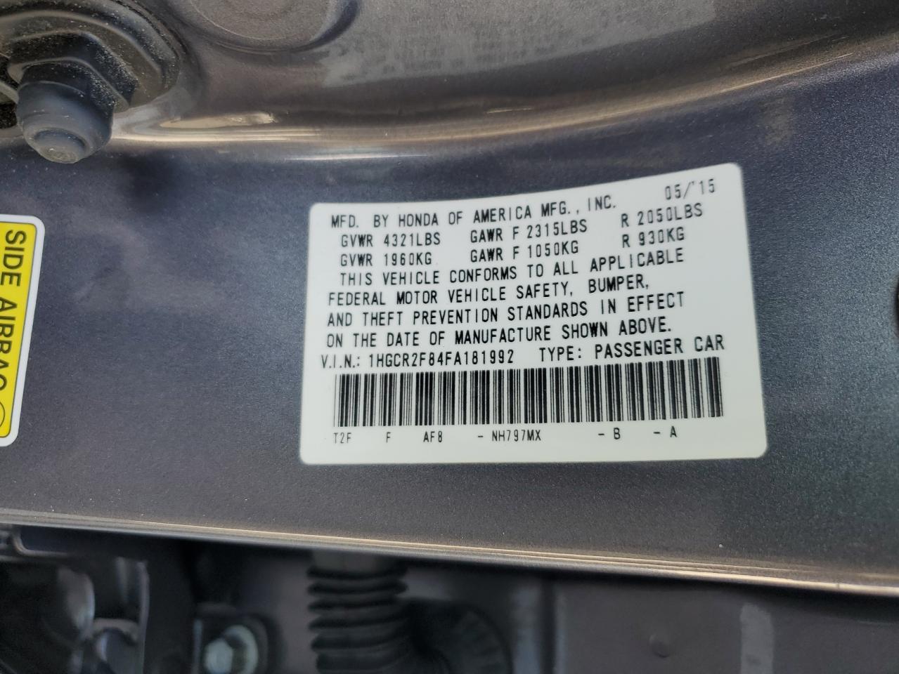 2015 Honda Accord VIN 1HGCR2F84FA181992 Copart auction photo, side / front end damage thumbnail 12