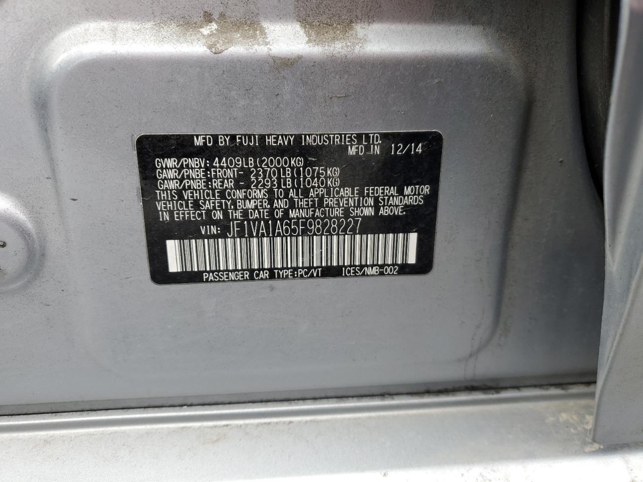 2015 Subaru WRX VIN JF1VA1A65F9828227 Copart auction photo, side / front end damage thumbnail 14