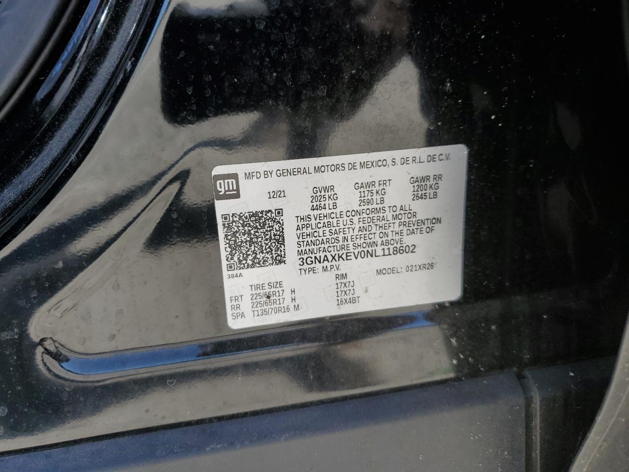 2022 Chevrolet Equinox VIN 3GNAXKEV0NL118602 Copart auction photo, rear end damage thumbnail 13