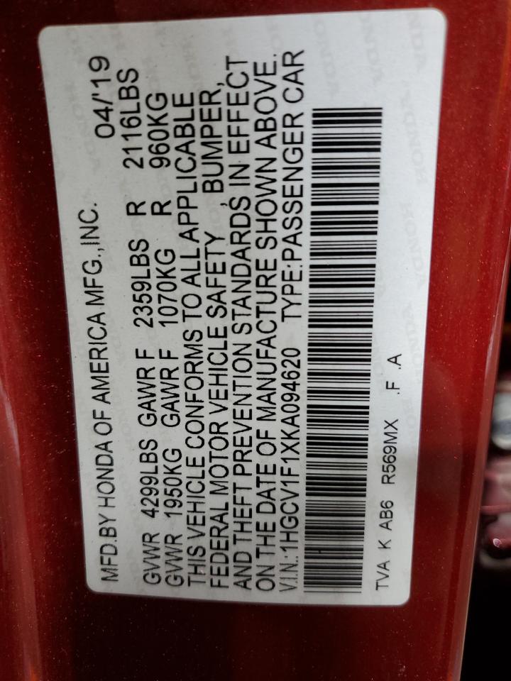 2019 Honda Accord VIN 1HGCV1F1XKA094620 Copart auction photo, rear end / front end damage thumbnail 15
