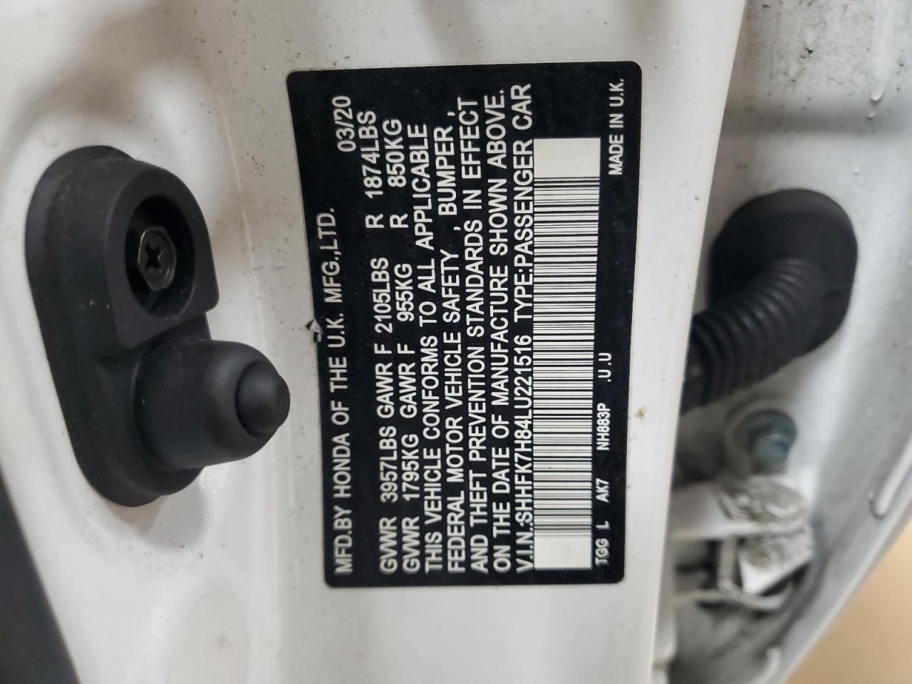 2020 Honda Civic VIN SHHFK7H84LU221516 Copart auction photo, front end damage thumbnail 13