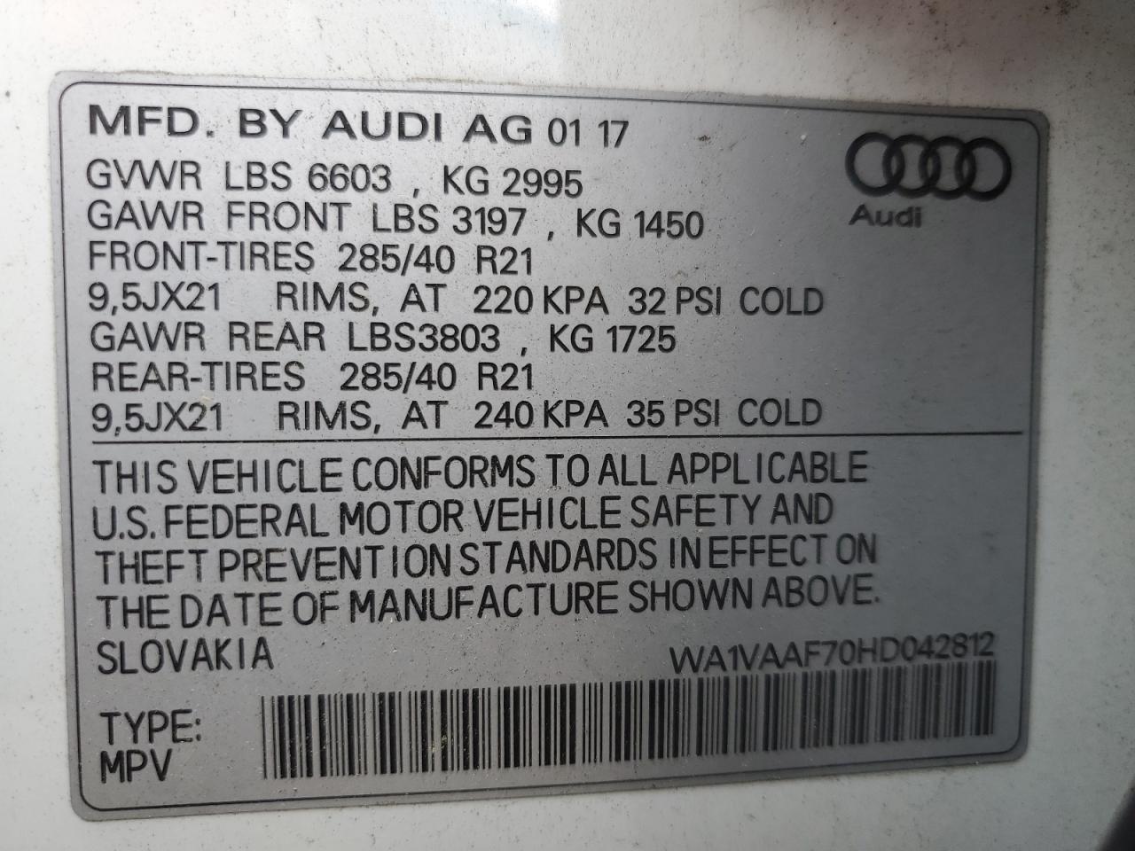 2017 Audi Q7 VIN WA1VAAF70HD042812 Copart auction photo, rear end / side damage thumbnail 13