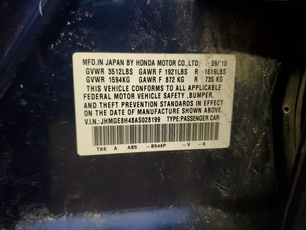 2010 Honda Fit VIN JHMGE8H48AS028199 Copart auction photo, rear end damage thumbnail 12