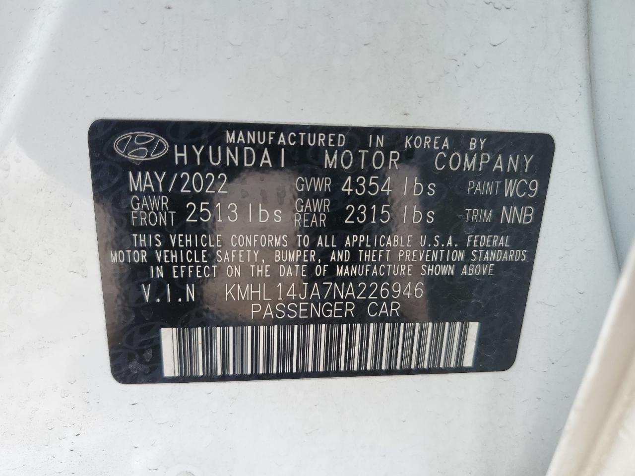 2022 Hyundai Sonata VIN KMHL14JA7NA226946 Copart auction photo, front end damage thumbnail 13
