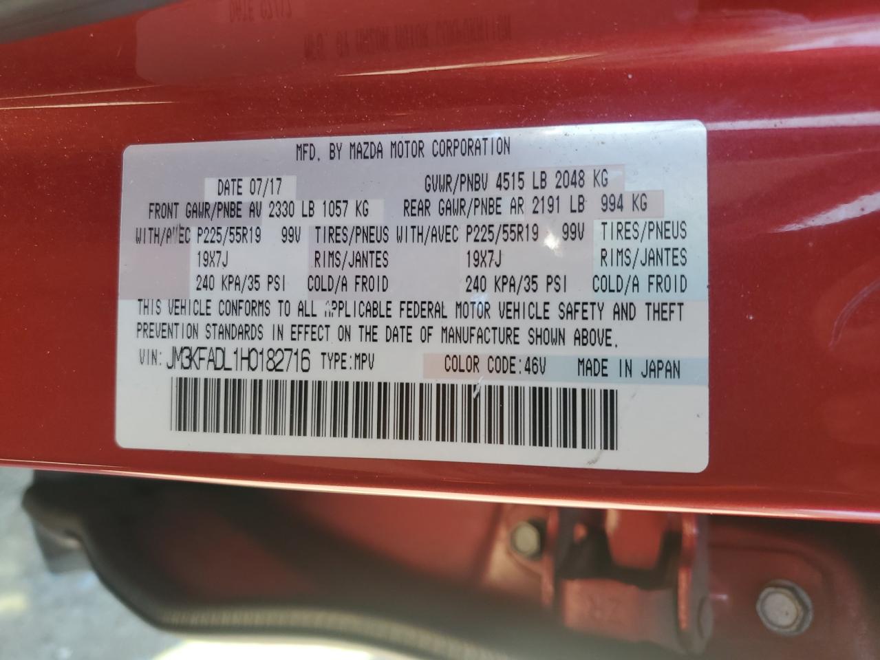 2017 Mazda CX-5 VIN JM3KFADL1H0182716 Copart auction photo, hail damage thumbnail 13