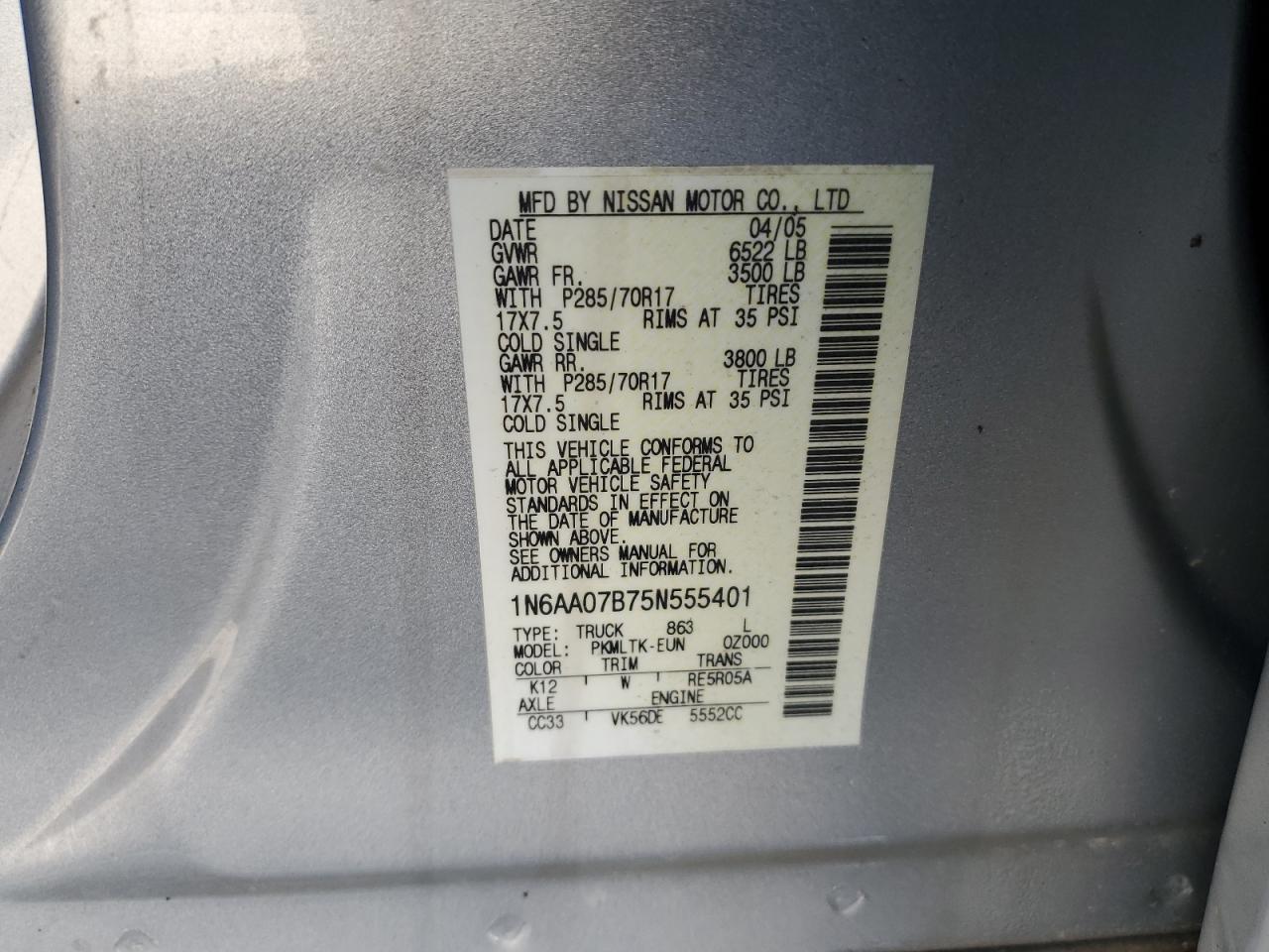 2005 Nissan Titan VIN 1N6AA07B75N555401 Copart auction photo, front end damage thumbnail 12