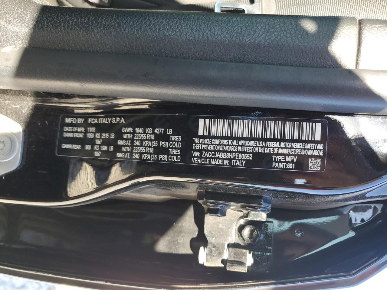 2017 Jeep Renegade VIN ZACCJABB8HPE80552 Copart auction photo, vandalism damage thumbnail 12