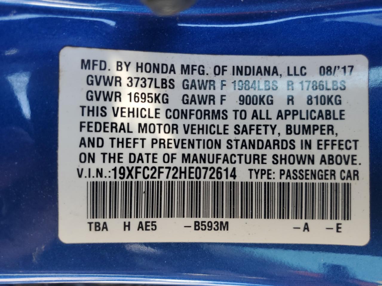 2017 Honda Civic VIN 19XFC2F72HE072614 Copart auction photo, front end damage thumbnail 12