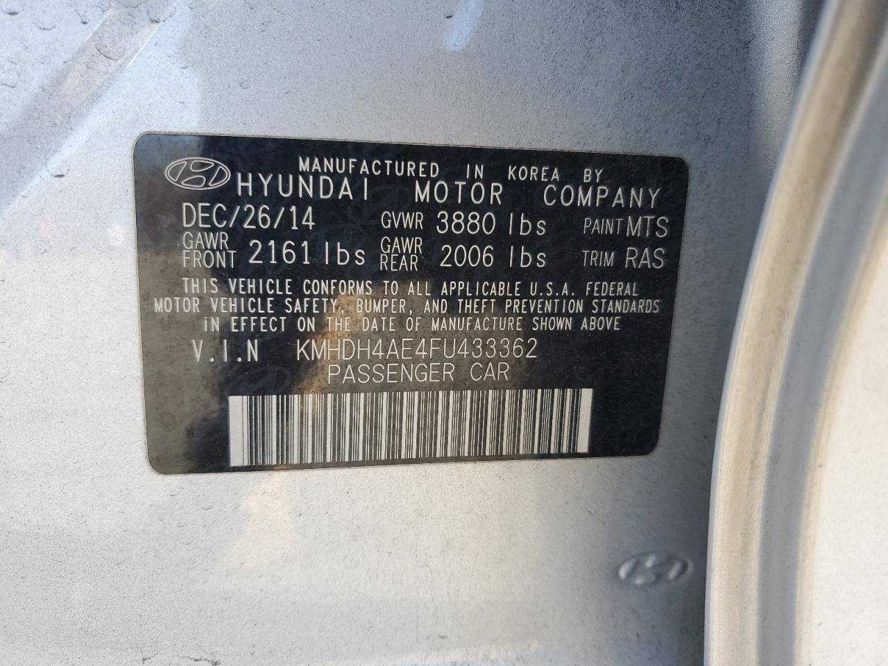 2015 Hyundai Elantra VIN KMHDH4AE4FU433362 Copart auction photo, front end / minor dent/scratches damage thumbnail 14