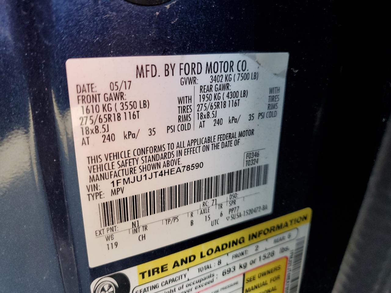 2017 Ford Expedition VIN 1FMJU1JT4HEA78590 Copart auction photo, front end damage thumbnail 13