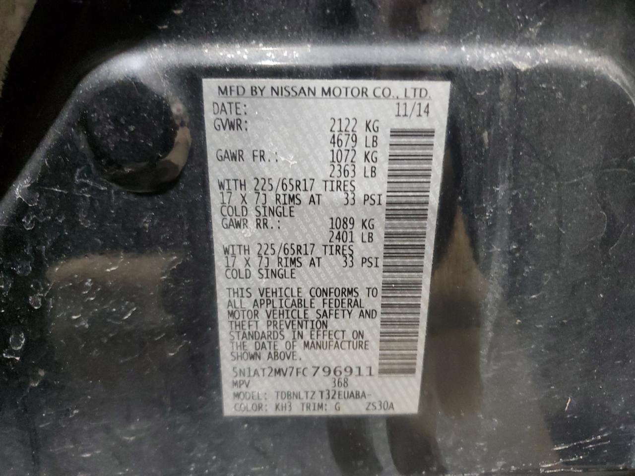 2015 Nissan Rogue VIN 5N1AT2MV7FC796911 Copart auction photo, side damage thumbnail 13