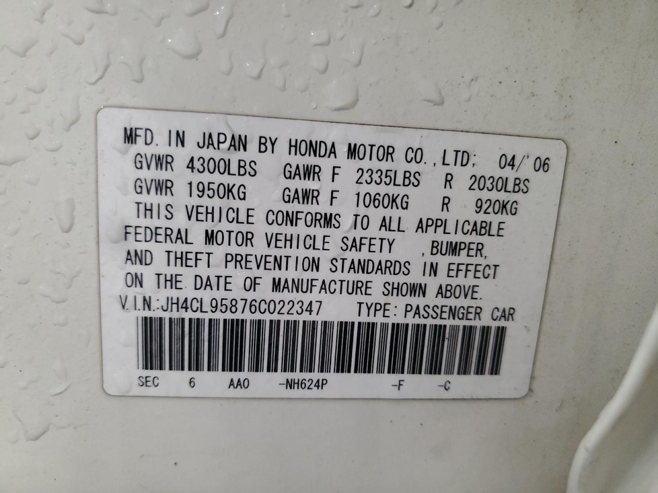 2006 Acura TSX VIN JH4CL95876C022347 Copart auction photo, front end damage thumbnail 12
