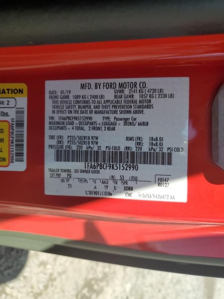2019 Ford Mustang VIN 1FA6P8CF9K5152990 Copart auction photo, water/flood damage thumbnail 13