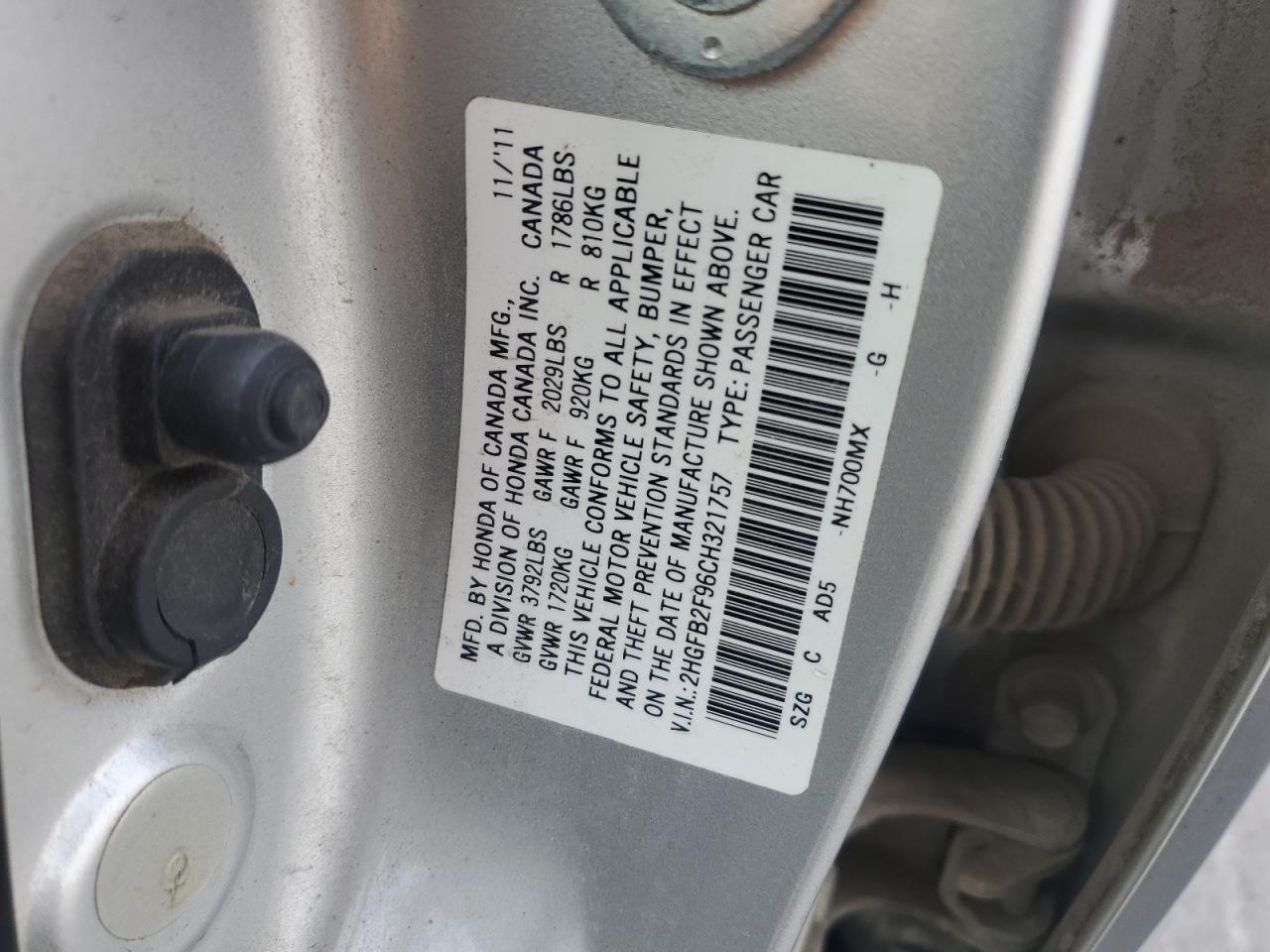 2012 Honda Civic VIN 2HGFB2F96CH321757 Copart auction photo, rear end / front end damage thumbnail 12