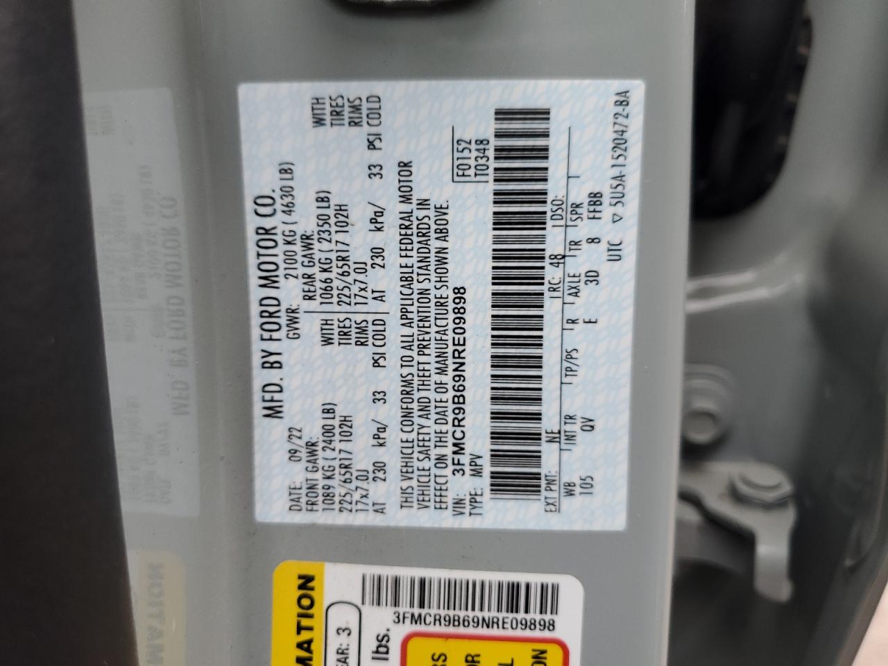2022 Ford Bronco VIN 3FMCR9B69NRE09898 Copart auction photo, front end / side damage thumbnail 14