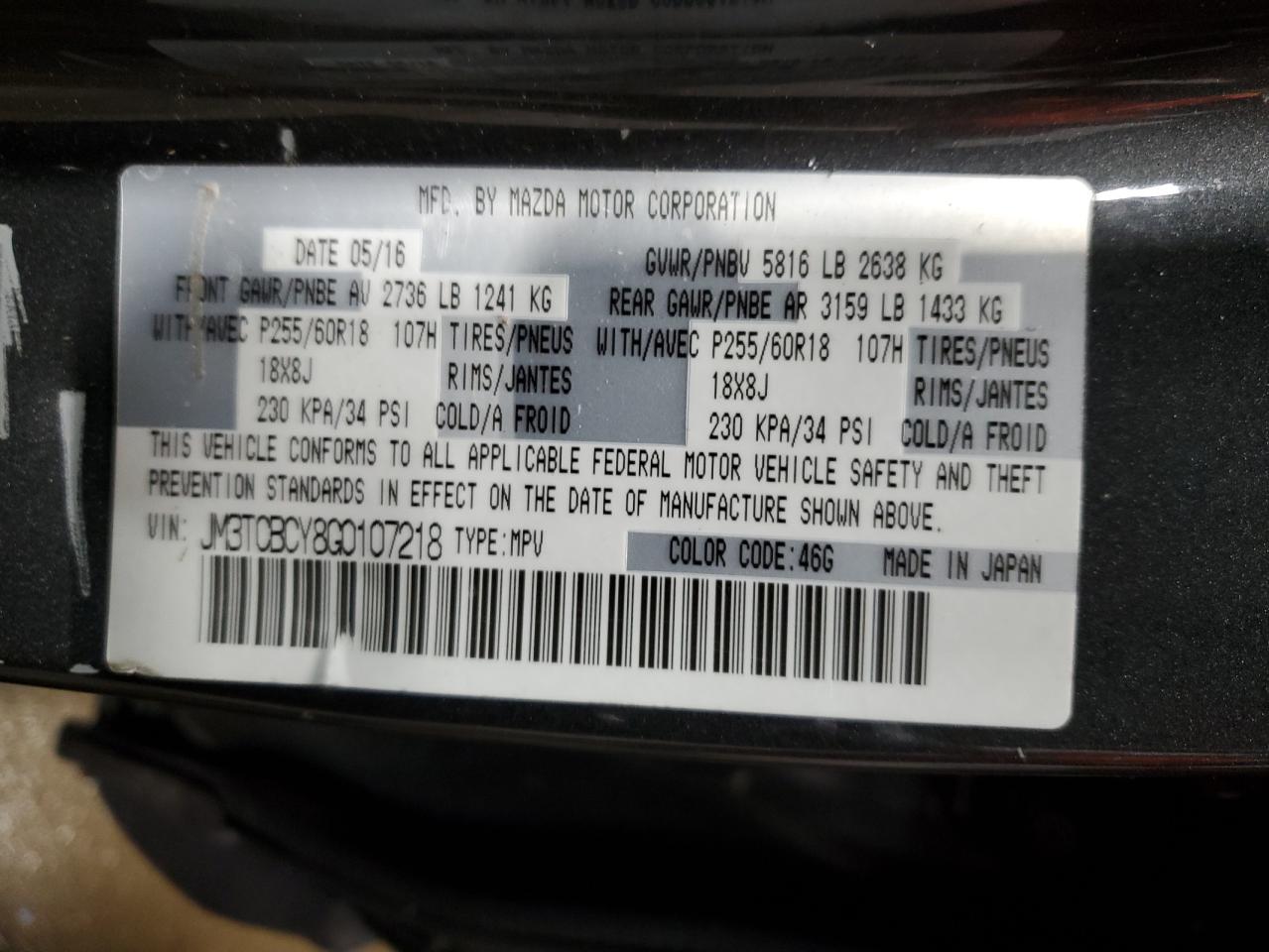 2016 Mazda CX-9 VIN JM3TCBCY8G0107218 Copart auction photo, front end / side damage thumbnail 14