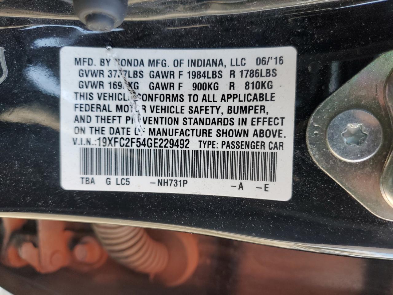 2016 Honda Civic VIN 19XFC2F54GE229492 Copart auction photo, front end damage thumbnail 15