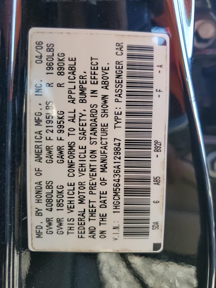 2006 Honda Accord VIN 1HGCM56436A129847 Copart auction photo, front end / minor dent/scratches damage thumbnail 12