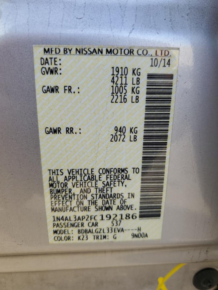 2015 Nissan Altima VIN 1N4AL3AP2FC192186 Copart auction photo, front end / side damage thumbnail 12