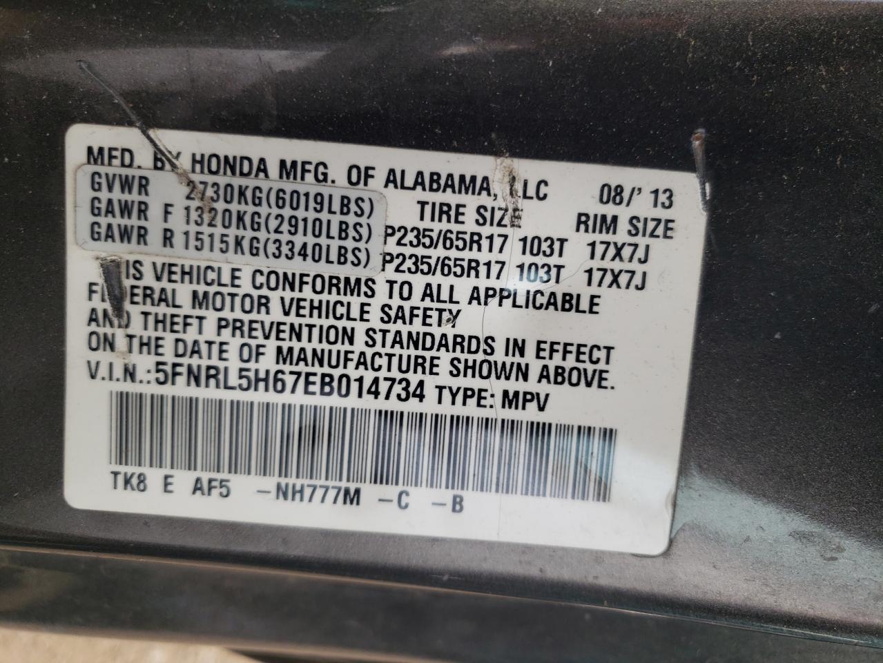 2014 Honda Odyssey VIN 5FNRL5H67EB014734 Copart auction photo, front end / minor dent/scratches damage thumbnail 14