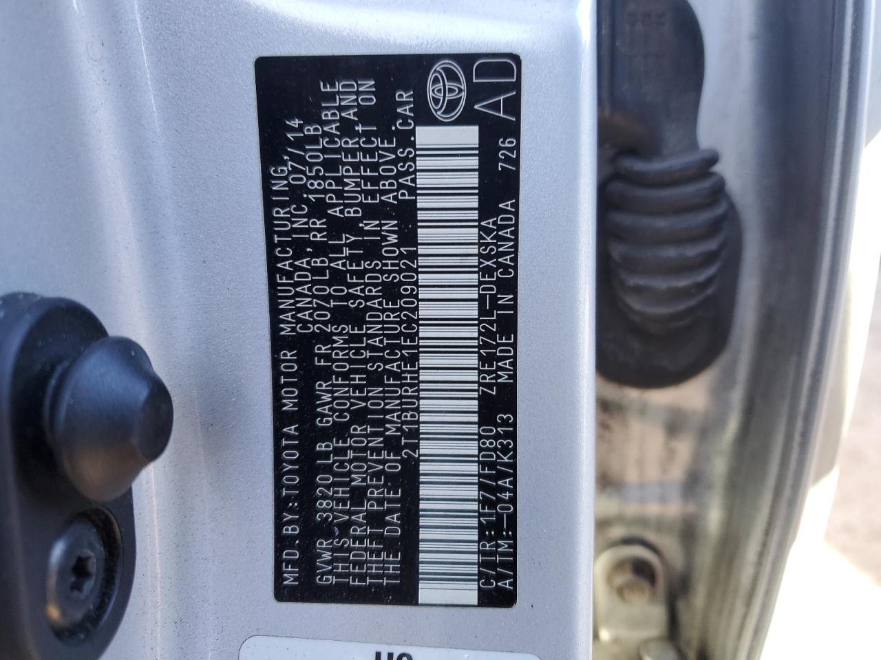2014 Toyota Corolla VIN 2T1BURHE1EC209021 Copart auction photo, front end / side damage thumbnail 12