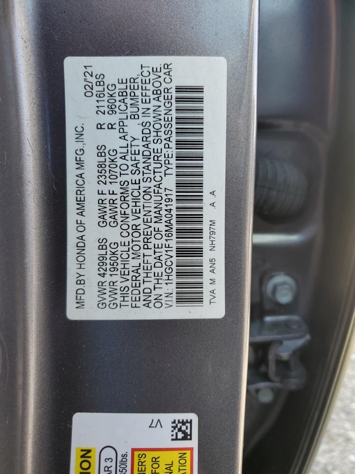 2021 Honda Accord VIN 1HGCV1F16MA041917 Copart auction photo, front end damage thumbnail 13