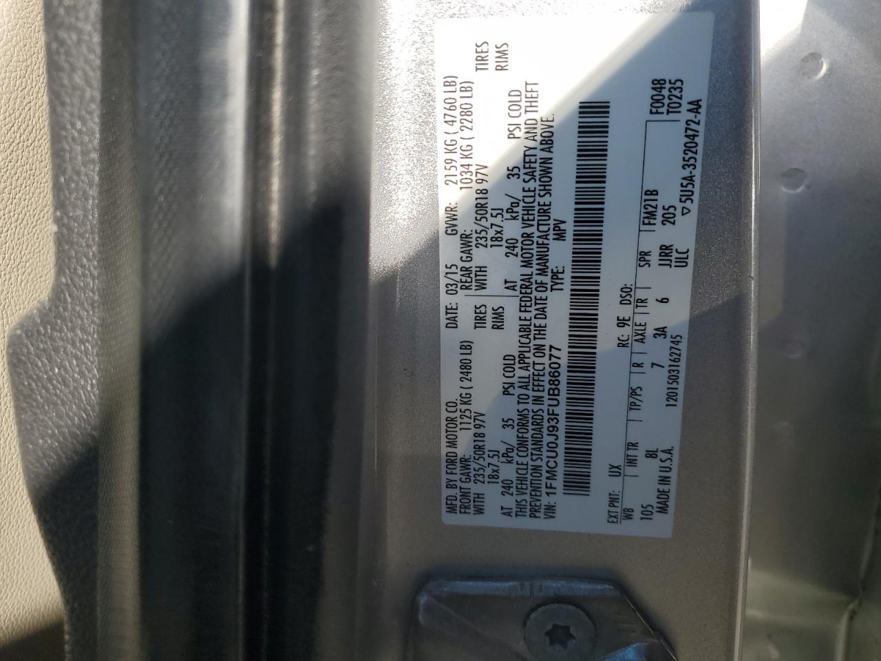 2015 Ford Escape VIN 1FMCU0J93FUB86077 Copart auction photo, side damage thumbnail 15