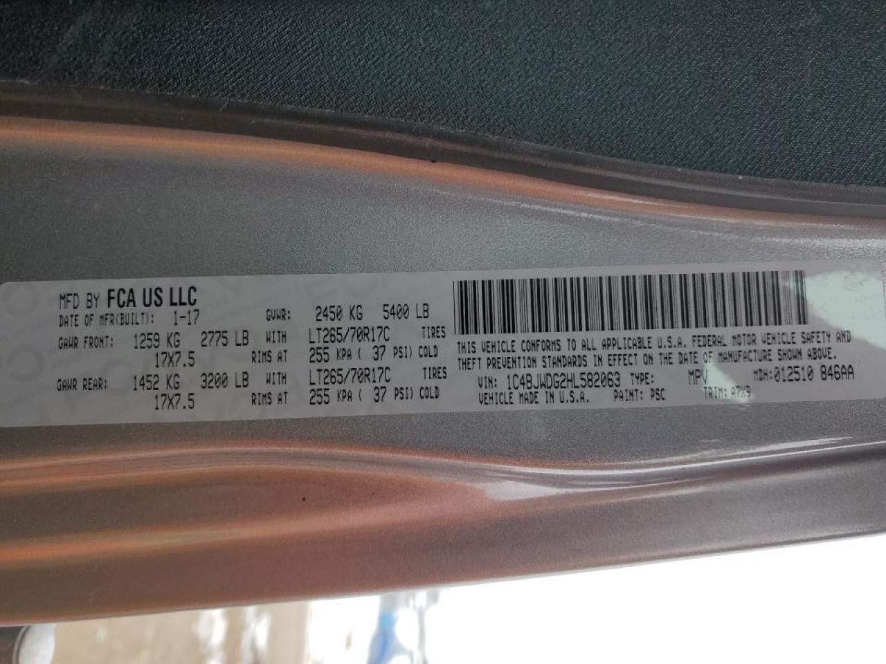 2017 Jeep Wrangler VIN 1C4BJWDG2HL582063 Copart auction photo, undercarriage / top/roof damage thumbnail 13